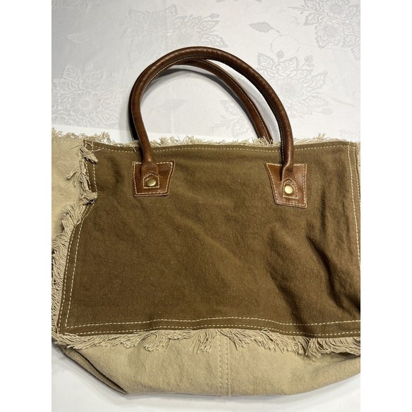 NWT Myra Bags Upcycled Canvas Handbag Sel De Mer Beige Fringe Tote Leather - Picture 5 of 16